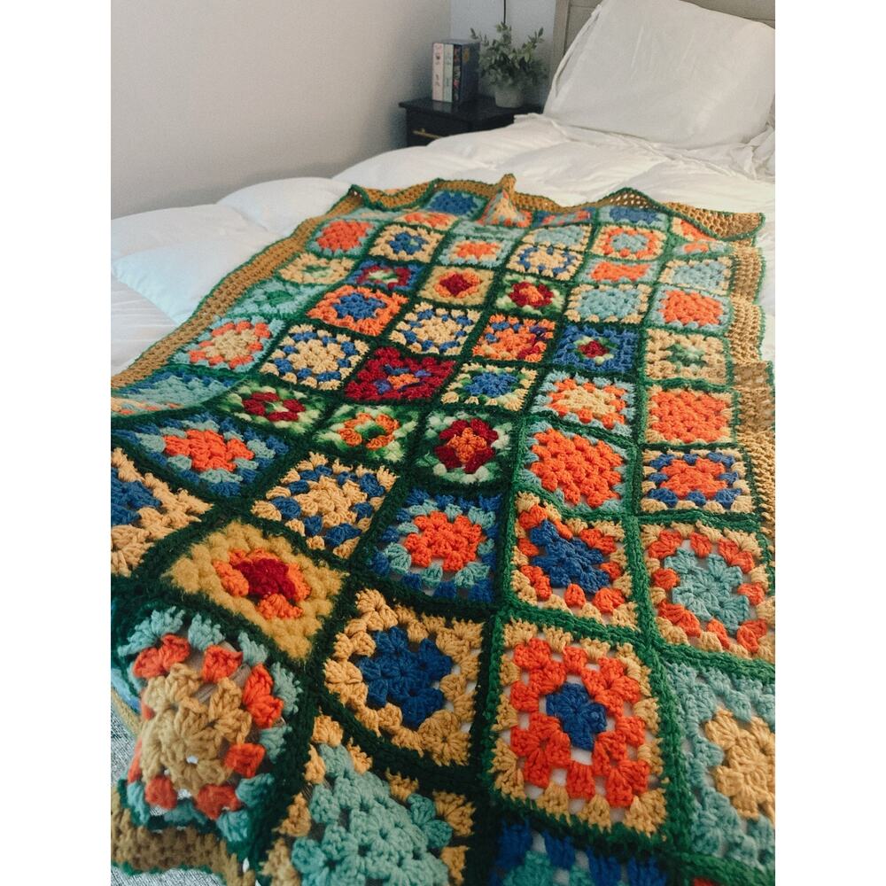 Vintage Handmade Granny Square Crochet Blanket | Wool Blend Lap Throw |